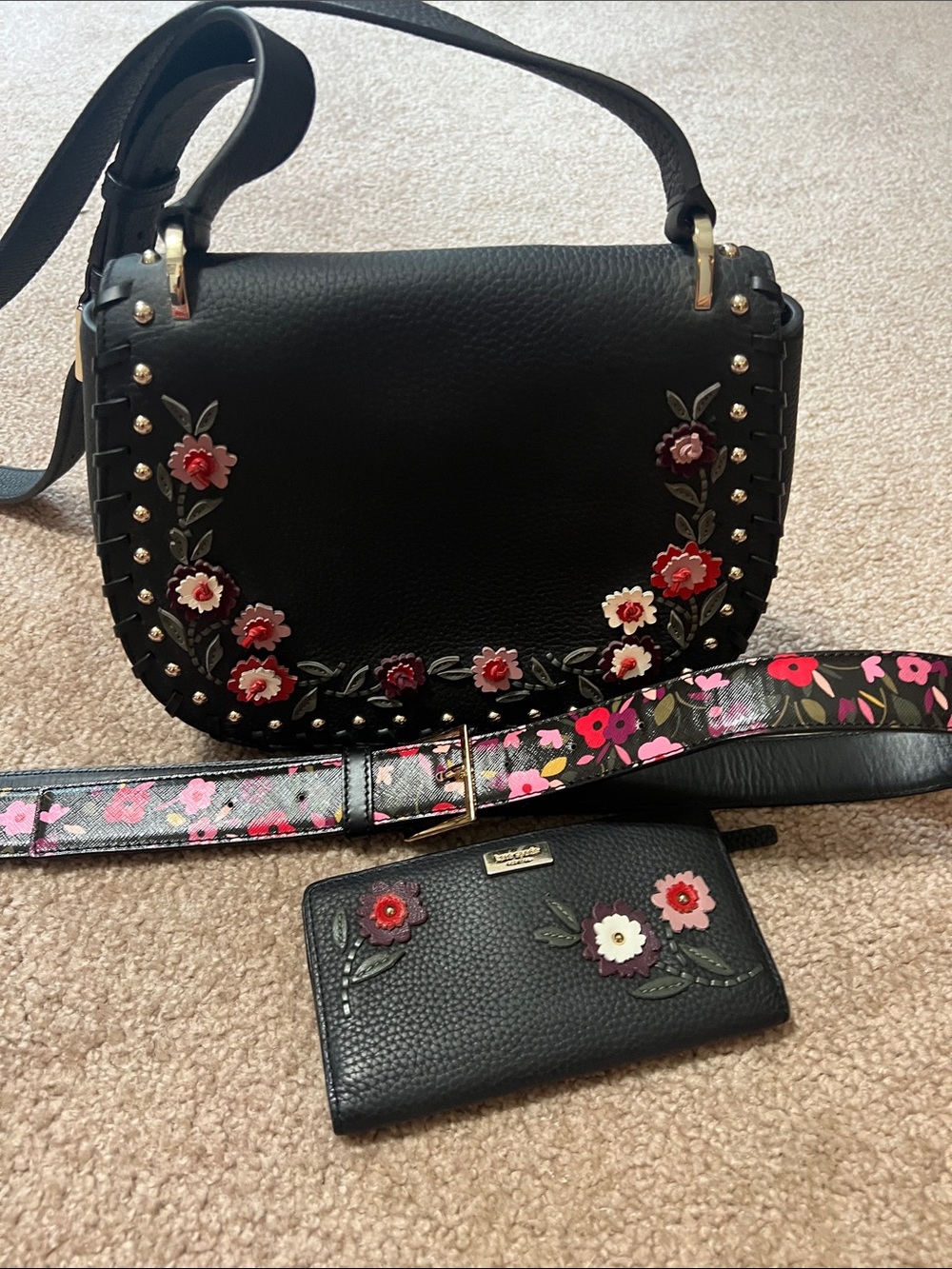 kate spade Black Floral Appliqué Crossbody with Floral Strap and Wallet